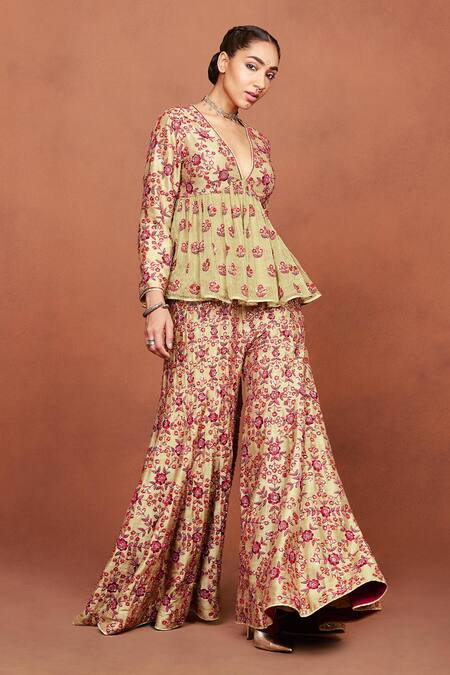 Shop_Sue Mue_Beige Georgette, Silk Embroidery, Beads, Ahaani Aari Kurta And Sharara Set _Online_at_Aza_Fashions