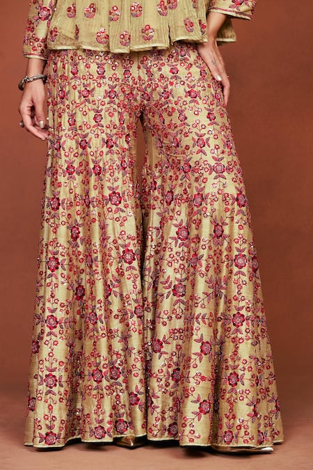 Sue Mue_Beige Georgette, Silk Embroidery, Beads, Ahaani Aari Kurta And Sharara Set _at_Aza_Fashions