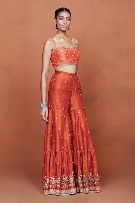 Sue Mue_Orange Silk, Crepe, Tissue Embroidery, Zari, Zaiba Floral Jacket Gharara Set _Online_at_Aza_Fashions