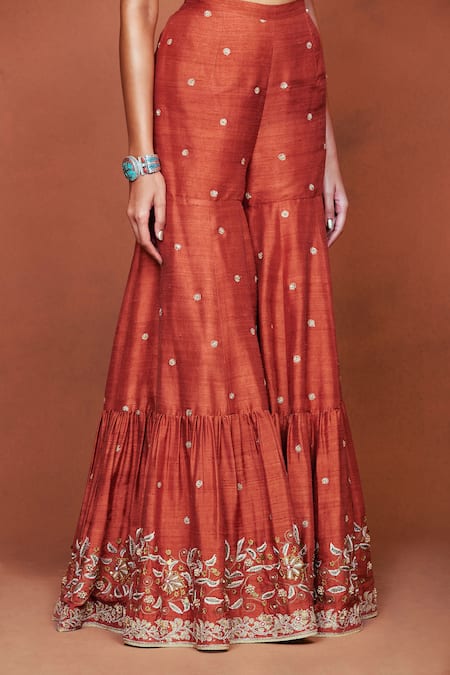 Buy_Sue Mue_Orange Silk, Crepe, Tissue Embroidery, Zari, Zaiba Floral Jacket Gharara Set _Online_at_Aza_Fashions