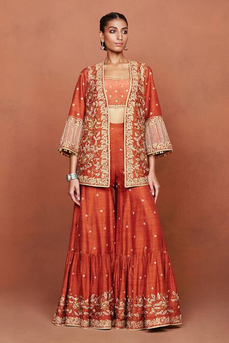 Shop_Sue Mue_Orange Silk, Crepe, Tissue Embroidery, Zari, Zaiba Floral Jacket Gharara Set _Online_at_Aza_Fashions