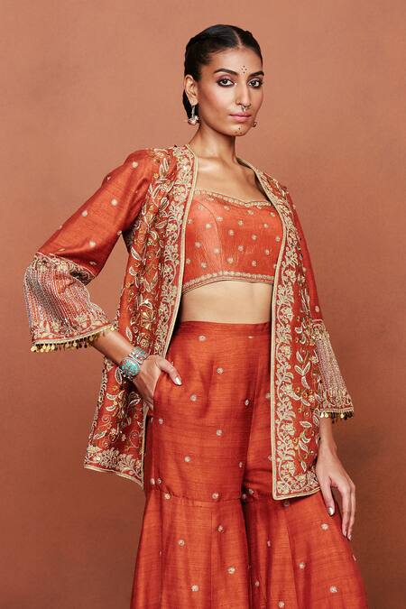 Sue Mue_Orange Silk, Crepe, Tissue Embroidery, Zari, Zaiba Floral Jacket Gharara Set _at_Aza_Fashions