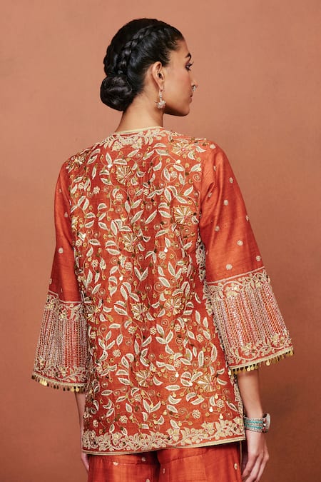 Buy_Sue Mue_Orange Silk, Crepe, Tissue Embroidery, Zari, Zaiba Floral Jacket Gharara Set 