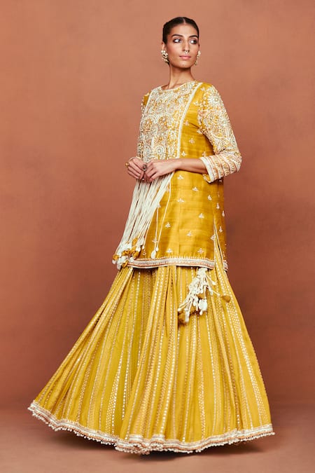 Sue Mue_Mustard Chanderi Silk Embroidery, Pearls, Roshni Thikri Kurta Sharara Set _Online_at_Aza_Fashions