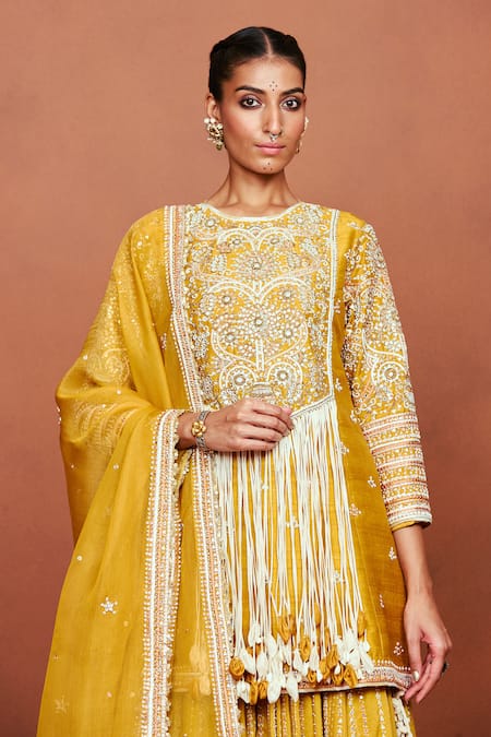 Shop_Sue Mue_Mustard Chanderi Silk Embroidery, Pearls, Roshni Thikri Kurta Sharara Set _Online_at_Aza_Fashions