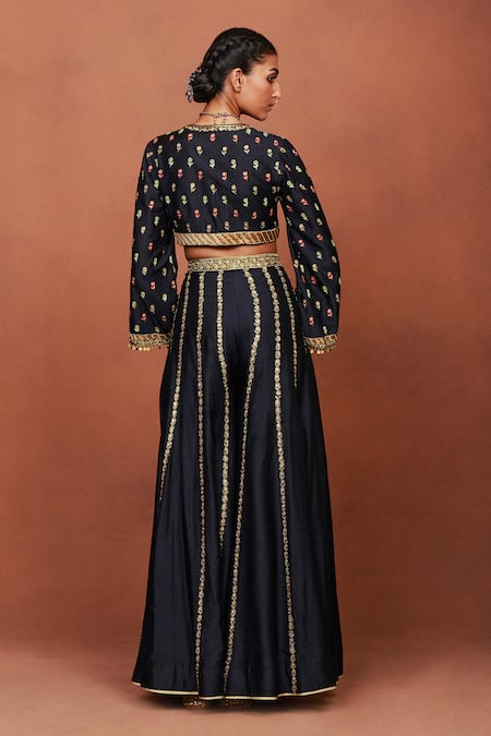 Shop_Sue Mue_Black Silk Zari, Embroidery, Sequins, Beads Rewa Geometric Jacket Sharara Set _Online_at_Aza_Fashions