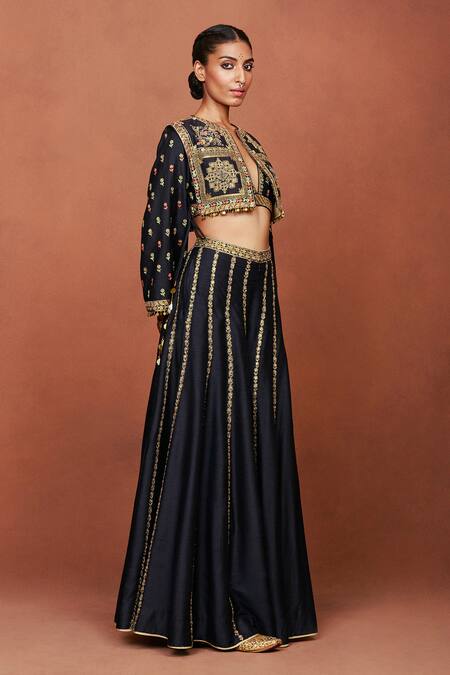 Sue Mue_Black Silk Zari, Embroidery, Sequins, Beads Rewa Geometric Jacket Sharara Set _at_Aza_Fashions