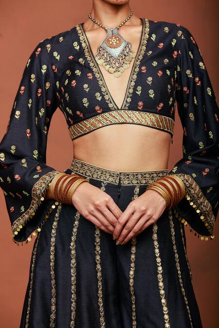 Shop_Sue Mue_Black Silk Zari, Embroidery, Sequins, Beads Rewa Geometric Jacket Sharara Set 