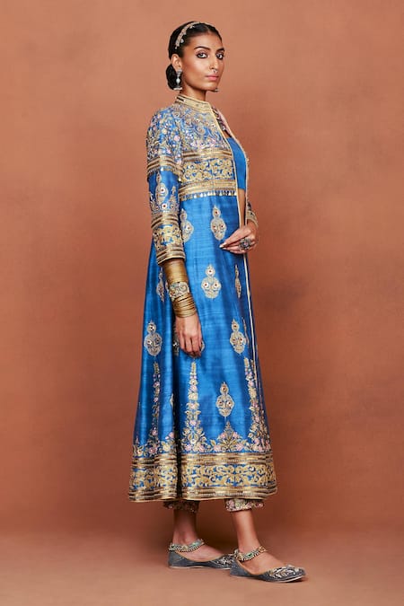 Sue Mue_Blue Silk, Crepe, Tissue Embroidery, Sequins, Taruni Zardozi Jacket Pant Set _Online_at_Aza_Fashions