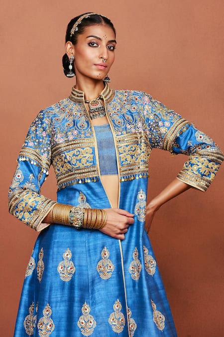 Buy_Sue Mue_Blue Silk, Crepe, Tissue Embroidery, Sequins, Taruni Zardozi Jacket Pant Set _Online_at_Aza_Fashions