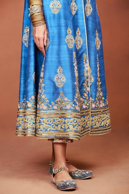 Shop_Sue Mue_Blue Silk, Crepe, Tissue Embroidery, Sequins, Taruni Zardozi Jacket Pant Set _Online_at_Aza_Fashions