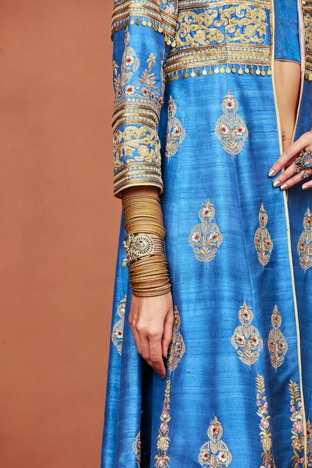 Sue Mue_Blue Silk, Crepe, Tissue Embroidery, Sequins, Taruni Zardozi Jacket Pant Set _at_Aza_Fashions