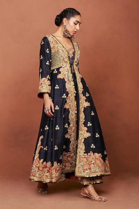 Sue Mue_Black Silk, Crepe, Tissue Applique, Embroidery, Nazakat Jacket Palazzo Set _Online_at_Aza_Fashions