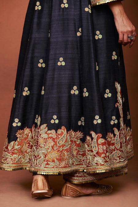 Buy_Sue Mue_Black Silk, Crepe, Tissue Applique, Embroidery, Nazakat Jacket Palazzo Set _Online_at_Aza_Fashions