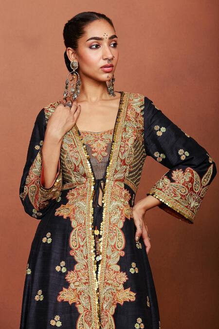 Shop_Sue Mue_Black Silk, Crepe, Tissue Applique, Embroidery, Nazakat Jacket Palazzo Set _Online_at_Aza_Fashions