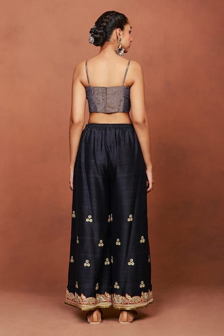 Buy_Sue Mue_Black Silk, Crepe, Tissue Applique, Embroidery, Nazakat Jacket Palazzo Set 