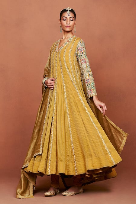 Sue Mue Mustard Georgette, Tissue, Crepe, Lycra Embroidery, Payaliya Anarkali Set Online at Aza Fashions Sue Mue_Mustard Georgette, Tissue, Crepe, Lycra Embroidery, Payaliya Anarkali Set _Online_at_Aza_Fashions