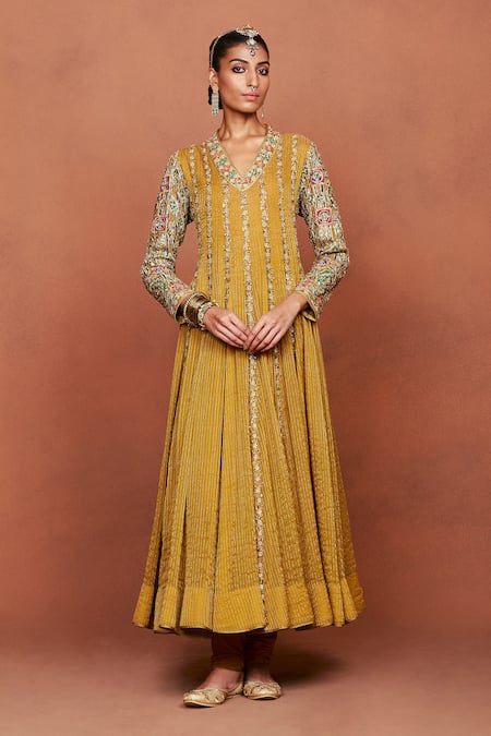 Sue Mue Mustard Georgette, Tissue, Crepe, Lycra Embroidery, Payaliya Anarkali Set at Aza Fashions Sue Mue_Mustard Georgette, Tissue, Crepe, Lycra Embroidery, Payaliya Anarkali Set _at_Aza_Fashions