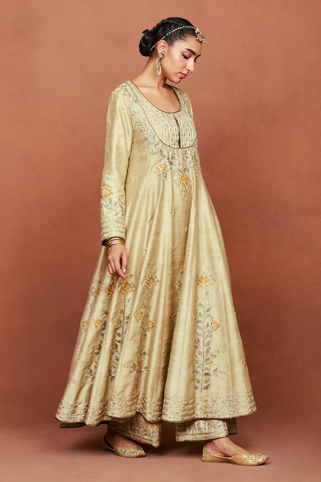Sue Mue_Beige Silk, Tissue Applique, Embroidery, Sequins, Zulekha Dori Anarkali Set _Online_at_Aza_Fashions