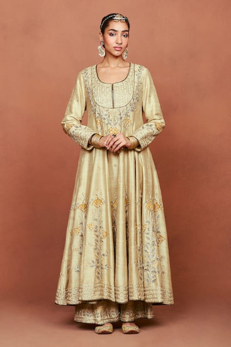 Buy_Sue Mue_Beige Silk, Tissue Applique, Embroidery, Sequins, Zulekha Dori Anarkali Set _Online_at_Aza_Fashions