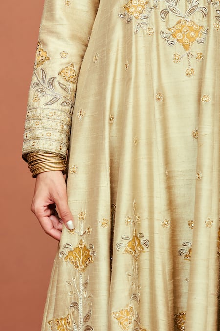 Shop_Sue Mue_Beige Silk, Tissue Applique, Embroidery, Sequins, Zulekha Dori Anarkali Set _Online_at_Aza_Fashions