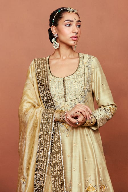 Sue Mue_Beige Silk, Tissue Applique, Embroidery, Sequins, Zulekha Dori Anarkali Set _at_Aza_Fashions