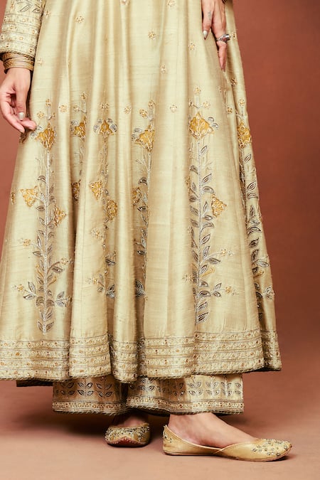 Buy_Sue Mue_Beige Silk, Tissue Applique, Embroidery, Sequins, Zulekha Dori Anarkali Set 
