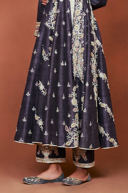 Shop_Sue Mue_Charcoal Silk Embroidery, Pearls, Crystals, Sonam Angrakha Kurta And Pant Set _Online_at_Aza_Fashions