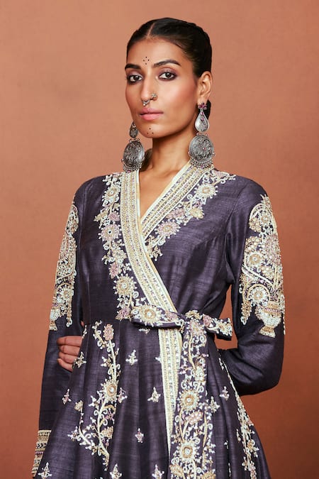 Sue Mue_Charcoal Silk Embroidery, Pearls, Crystals, Sonam Angrakha Kurta And Pant Set _at_Aza_Fashions