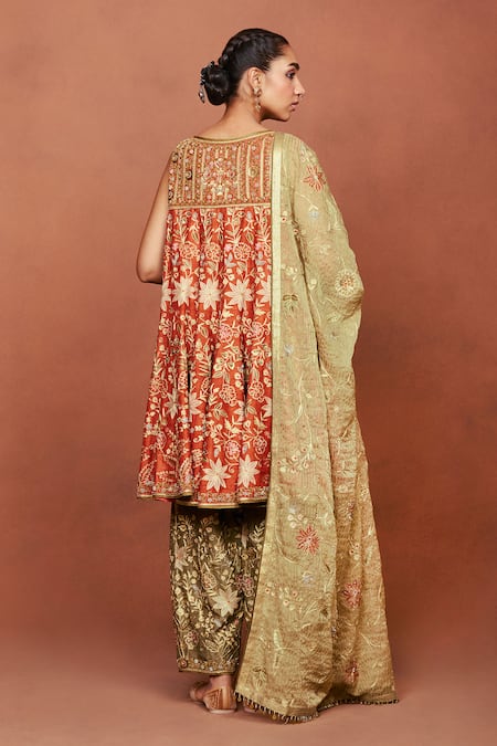 Shop Sue Mue Orange Silk, Crepe, Tissue, Georgette Rishma Floral Short Anarkali Salwar Set at Aza Fashions Shop_Sue Mue_Orange Silk, Crepe, Tissue, Georgette Rishma Floral Short Anarkali Salwar Set _at_Aza_Fashions