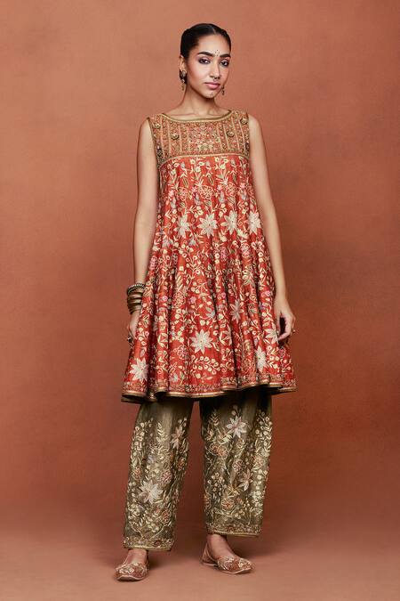 Sue Mue Orange Silk, Crepe, Tissue, Georgette Rishma Floral Short Anarkali Salwar Set Online at Aza Fashions Sue Mue_Orange Silk, Crepe, Tissue, Georgette Rishma Floral Short Anarkali Salwar Set _Online_at_Aza_Fashions