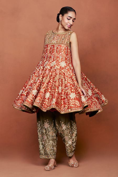 Buy Sue Mue Orange Silk, Crepe, Tissue, Georgette Rishma Floral Short Anarkali Salwar Set Online at Aza Fashions Buy_Sue Mue_Orange Silk, Crepe, Tissue, Georgette Rishma Floral Short Anarkali Salwar Set _Online_at_Aza_Fashions