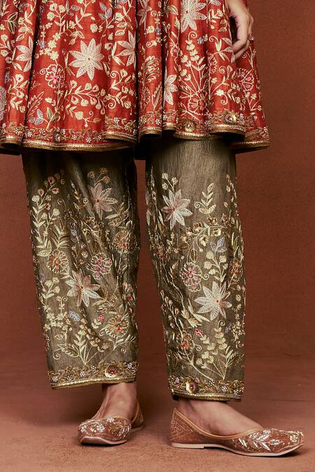 Sue Mue Orange Silk, Crepe, Tissue, Georgette Rishma Floral Short Anarkali Salwar Set at Aza Fashions Sue Mue_Orange Silk, Crepe, Tissue, Georgette Rishma Floral Short Anarkali Salwar Set _at_Aza_Fashions