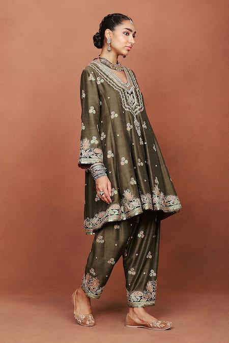 Buy_Sue Mue_Olive Green Silk, Crepe, Tissue Applique, Embroidery, Kohra Anarkali Salwar Set _Online_at_Aza_Fashions