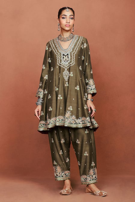 Shop_Sue Mue_Olive Green Silk, Crepe, Tissue Applique, Embroidery, Kohra Anarkali Salwar Set _Online_at_Aza_Fashions
