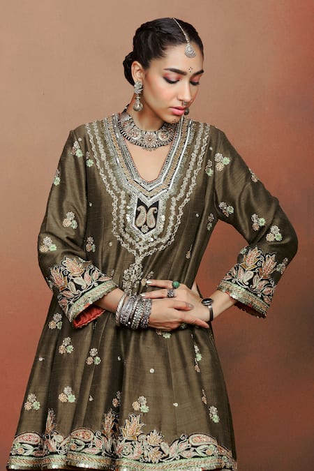 Sue Mue_Olive Green Silk, Crepe, Tissue Applique, Embroidery, Kohra Anarkali Salwar Set _at_Aza_Fashions