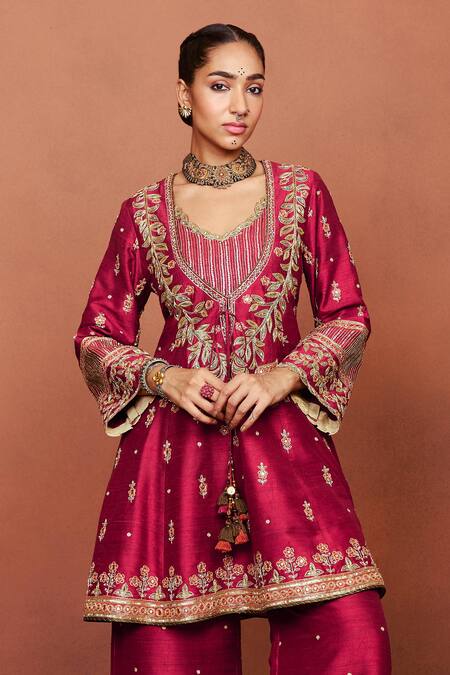 Buy_Sue Mue_Red , Organza Applique, Embroidery, Sequins, Zaavia Dori Anarkali Set _Online_at_Aza_Fashions