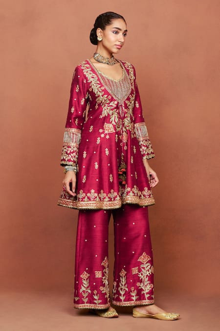 Shop_Sue Mue_Red , Organza Applique, Embroidery, Sequins, Zaavia Dori Anarkali Set _Online_at_Aza_Fashions