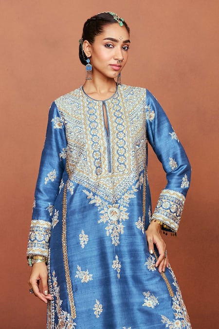 Sue Mue_Blue Silk, Crepe, Tissue Embroidery, Sequins, Zari, Meera Floral Kurta Set _Online_at_Aza_Fashions