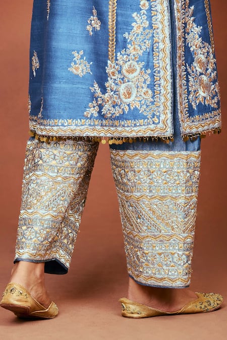 Buy_Sue Mue_Blue Silk, Crepe, Tissue Embroidery, Sequins, Zari, Meera Floral Kurta Set _Online_at_Aza_Fashions