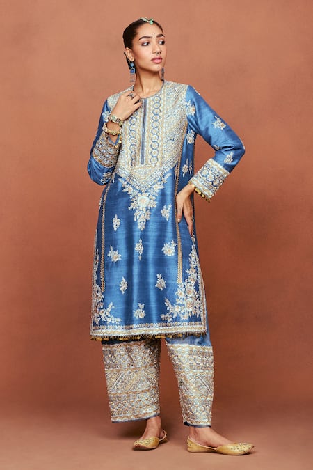 Shop_Sue Mue_Blue Silk, Crepe, Tissue Embroidery, Sequins, Zari, Meera Floral Kurta Set _Online_at_Aza_Fashions