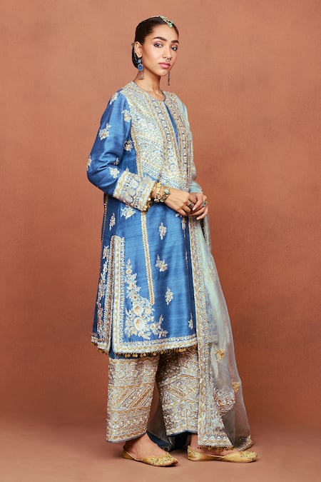 Sue Mue_Blue Silk, Crepe, Tissue Embroidery, Sequins, Zari, Meera Floral Kurta Set _at_Aza_Fashions
