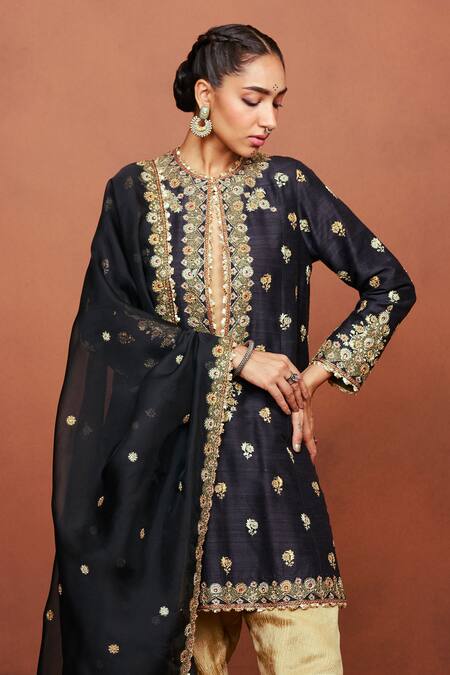 Sue Mue_Black , Crepe, Organza Embroidery, Sequins, Kala Kurta Salwar Set _Online_at_Aza_Fashions