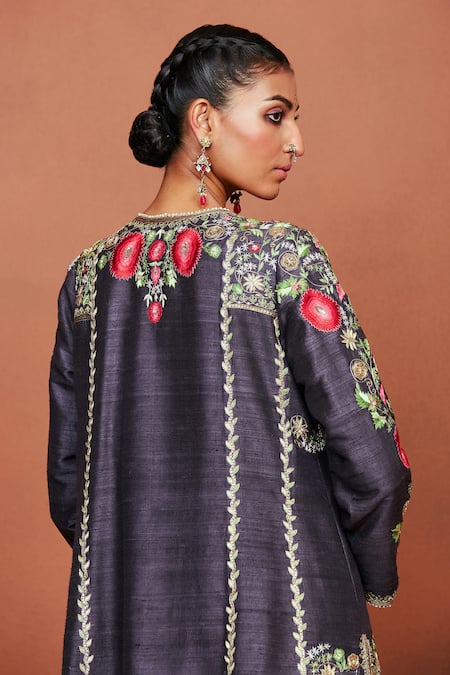 Buy_Sue Mue_Charcoal Georgette Embroidery, Zari, Sequins, Beads Rahi Short Kurta Salwar Set _Online_at_Aza_Fashions