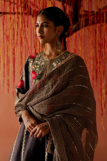 Shop_Sue Mue_Charcoal Georgette Embroidery, Zari, Sequins, Beads Rahi Short Kurta Salwar Set _Online_at_Aza_Fashions