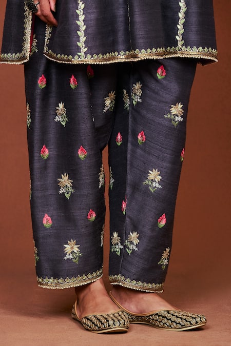 Sue Mue_Charcoal Georgette Embroidery, Zari, Sequins, Beads Rahi Short Kurta Salwar Set _at_Aza_Fashions