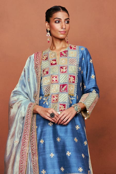 Sue Mue_Blue Silk, Tissue Embroidery, Sequins, Beads Split V-neck Raah Floral Kurta Set _Online_at_Aza_Fashions