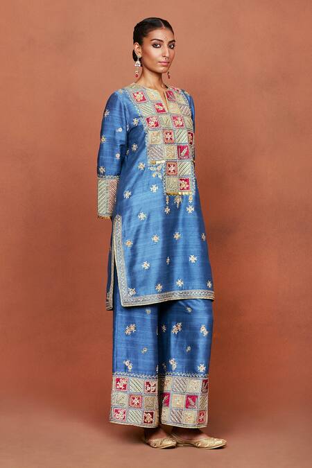 Shop_Sue Mue_Blue Silk, Tissue Embroidery, Sequins, Beads Split V-neck Raah Floral Kurta Set _Online_at_Aza_Fashions