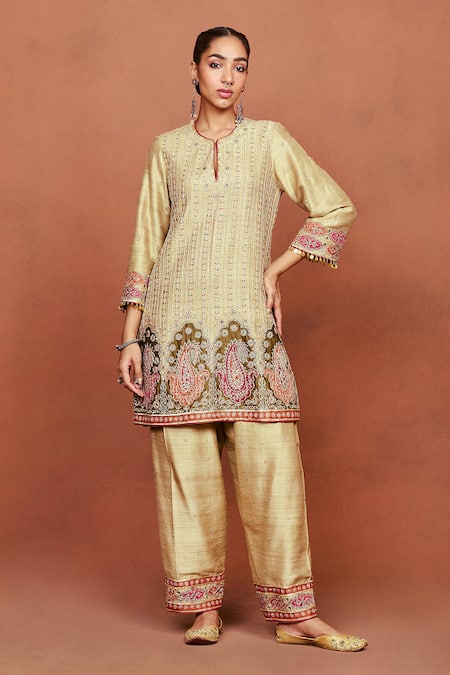 Buy_Sue Mue_Beige , Organza Applique, Raaya Paisley Dori Kurta Salwar Set _Online_at_Aza_Fashions