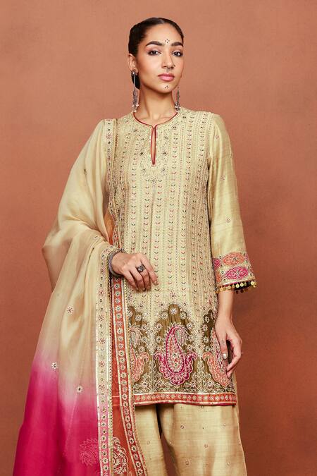 Shop_Sue Mue_Beige , Organza Applique, Raaya Paisley Dori Kurta Salwar Set _Online_at_Aza_Fashions